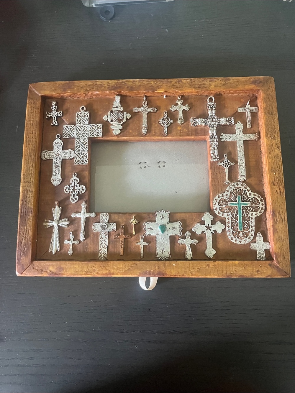 Rustic Brown Wooden Shadow Box Frame with Silver Cross Charms